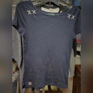 Lauren Ralph Lauren Navy Blue Nautical Short Sleeve Top Small Petite